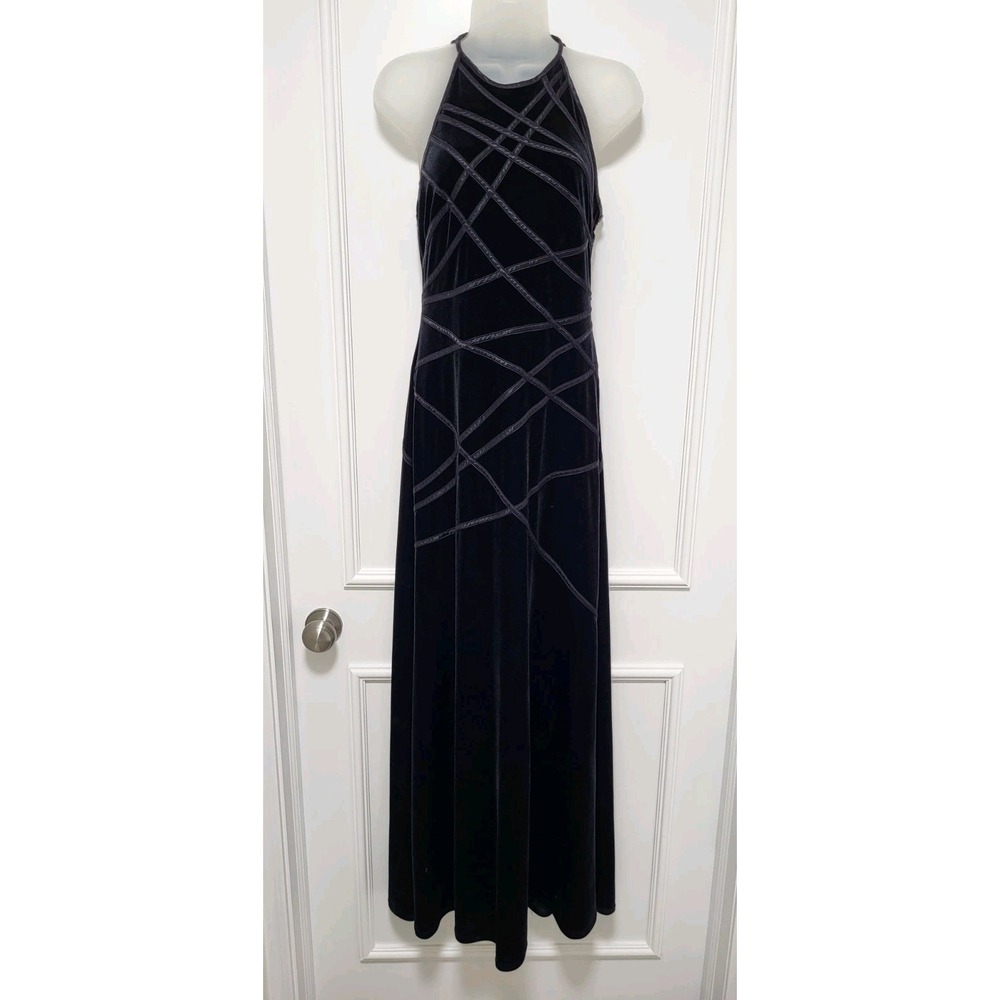 Vtg Cache Black Stretch Velvet Sleeveless Vamp Goth Formal Maxi Dress Sz S